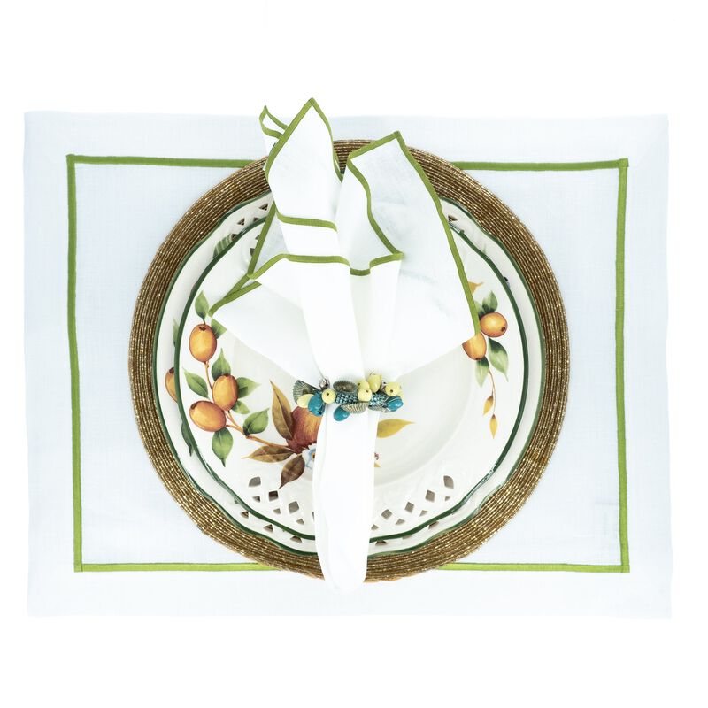Linen Napkins With Green Stitch Edges, Set of 4