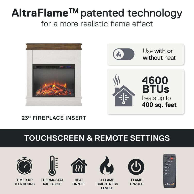 Mateo Electric Fireplace with Mantel and Touchscreen Display, Ivory Oak with Rustic Mantel