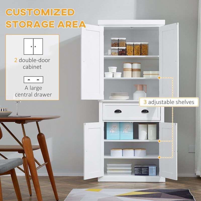 72" White Kitchen Pantry: Freestanding, Shelved Storage