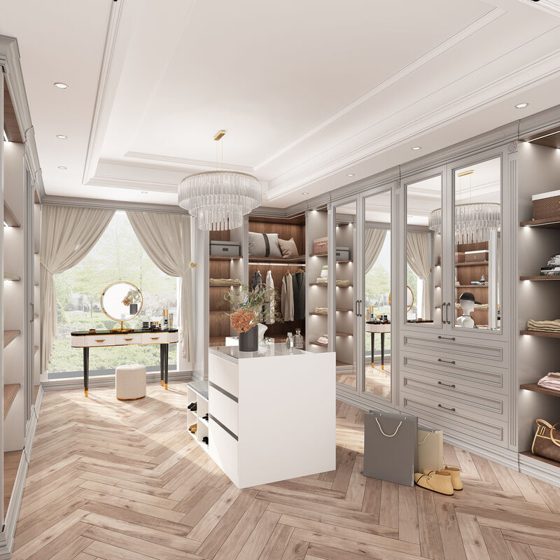 Armoire Bedroom Island Wardrobe Closet Island with 9 Drawers & Glass Tabletop, Island Dresser with Cushion Bench, Closet Island for Bedroom Cloakroom White (47.2”W x 27.5”W x 31.5”H)