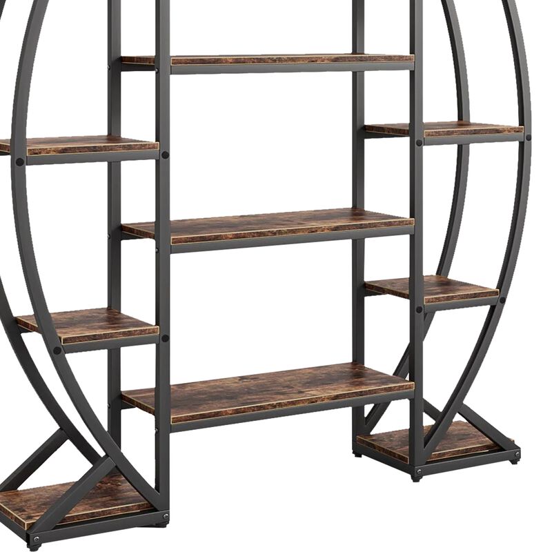 Oval Bookshelf, 12 Brown Wood Shelves, 5 Tier Black Frame, 69 Inch - Benzara