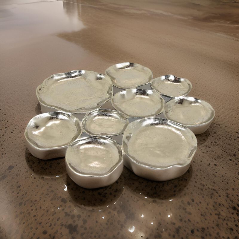 Jiva 9 Piece Decorative Bowl Set, Irregular Shaped Design, Silver Metal - Benzara