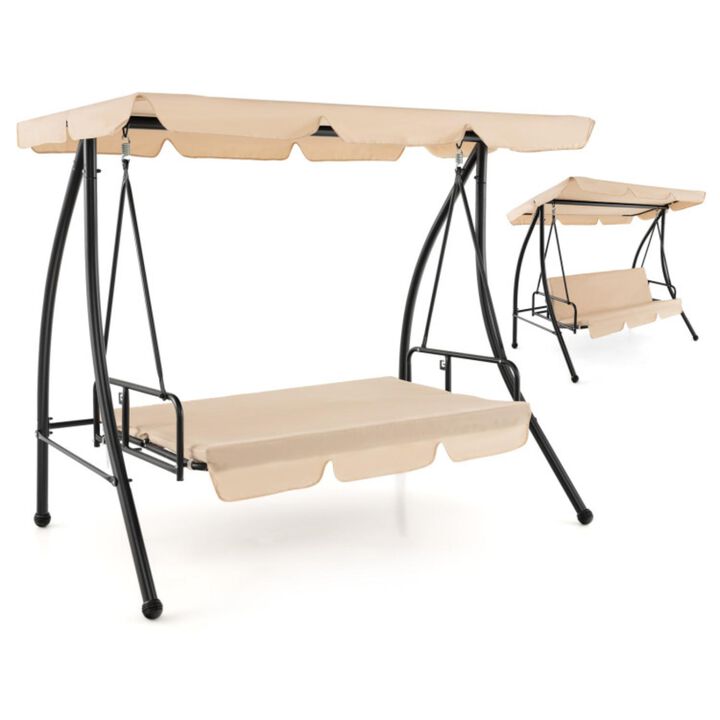 Hivvago 2-Seat Outdoor Convertible Swing Chair with Flat Bed and Adjustable Canopy-Beige