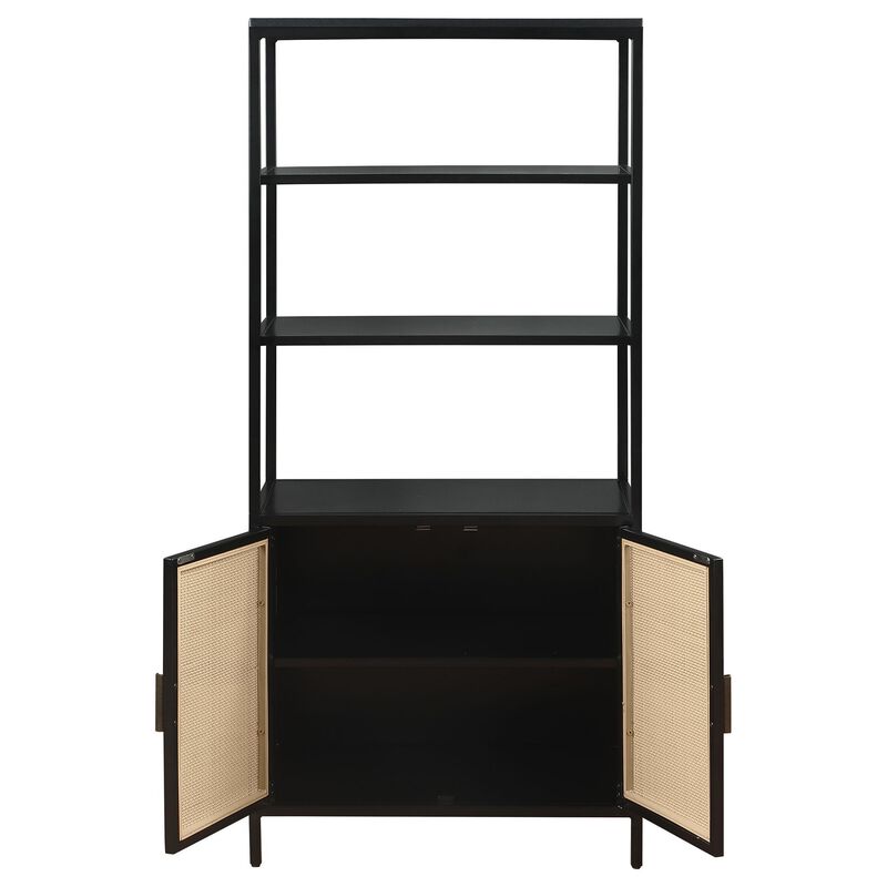 Lanie Tall Accent Cabinet, 3 Shelves 2 Doors, PE Cane, Black Metal - Benzara