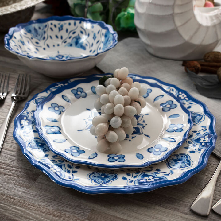 Elama Blue Garden 12 Piece Scalloped Lightweight Melamine Dinnerware Set in Blue