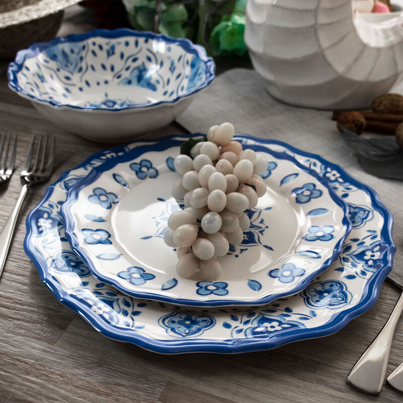 Elama Blue Garden 12 Piece Scalloped Lightweight Melamine Dinnerware Set in Blue