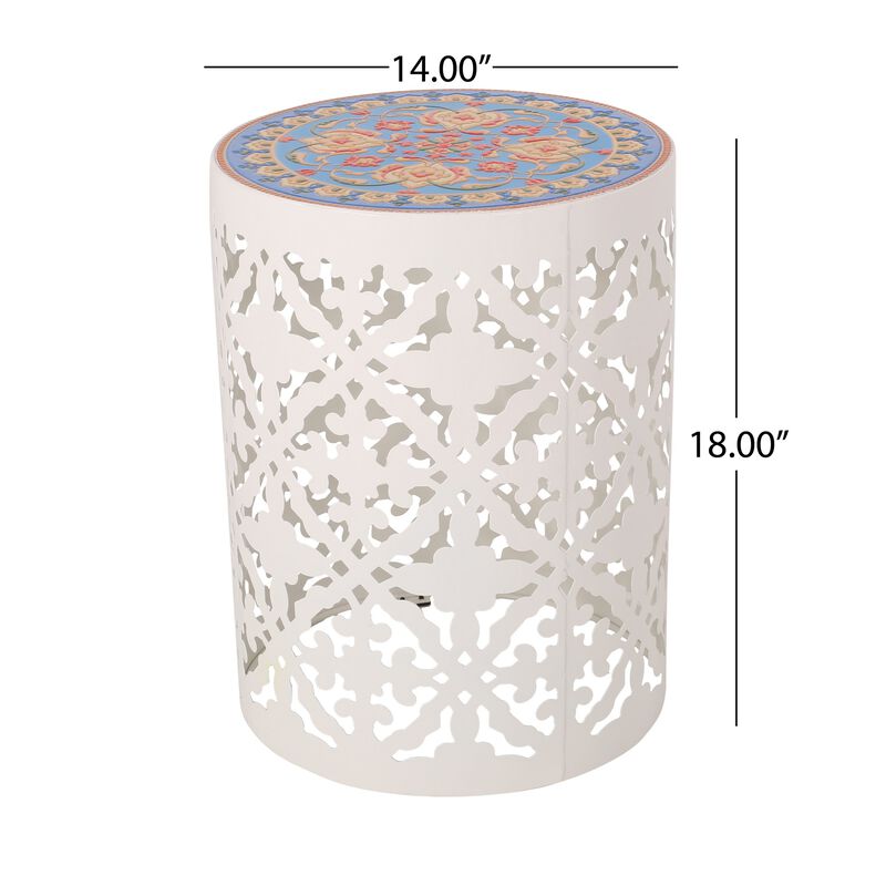 Riki Side End Table, 14 Inch, Mosaic Tile Rattan, White Lace Cut Metal - Benzara
