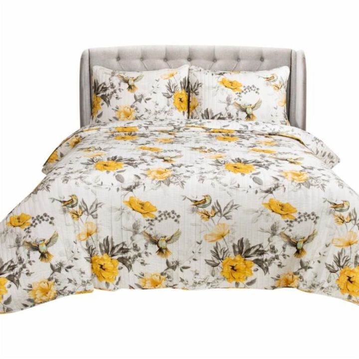 Hivvago King size 3 Piece White Yellow Grey Reversible Floral Birds Cotton Quilt Set