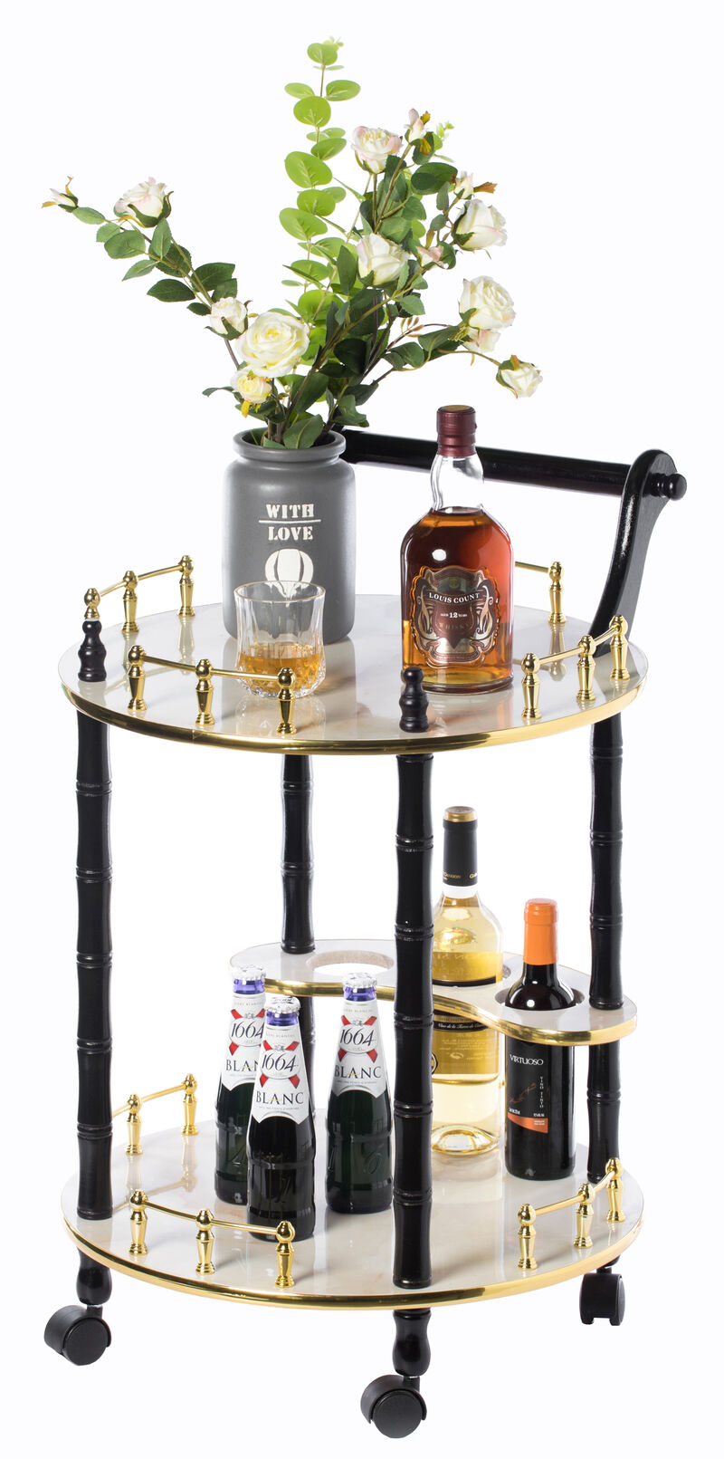 Round Wood Serving Bar Cart Tea Trolley with 2 Tier Shelves and Rolling Wheels, Silver, White and Gray