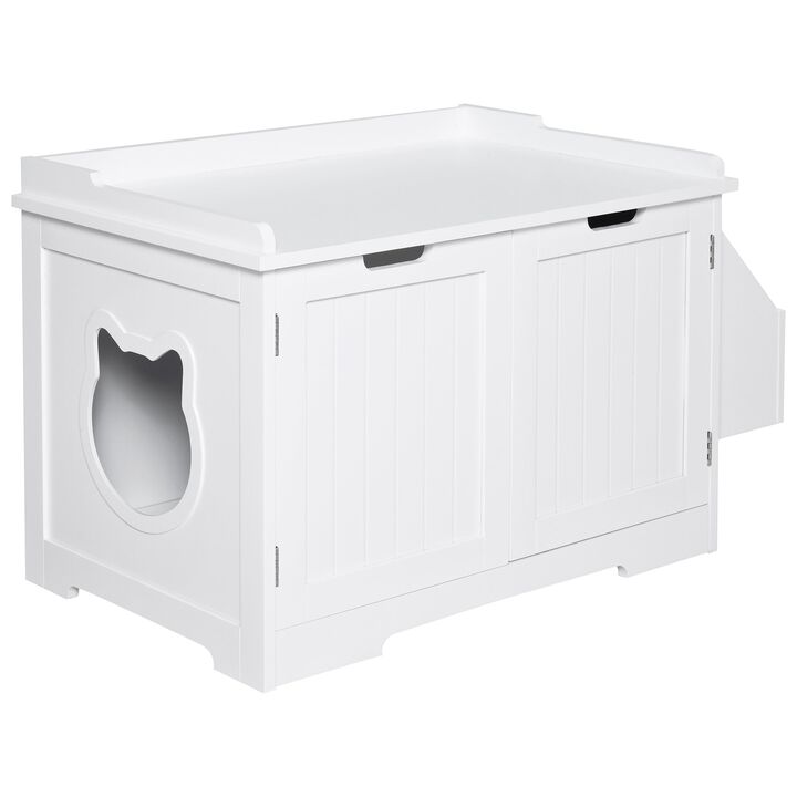 White Cat Bathroom: Wooden Litter Box Enclosure with Storage and Table