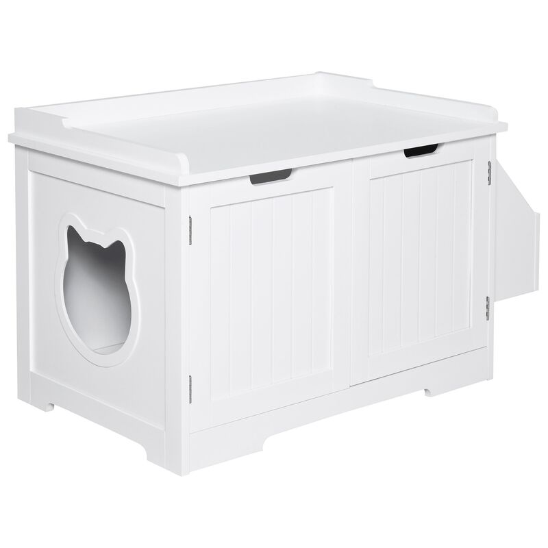 White Cat Bathroom: Wooden Litter Box Enclosure with Storage and Table