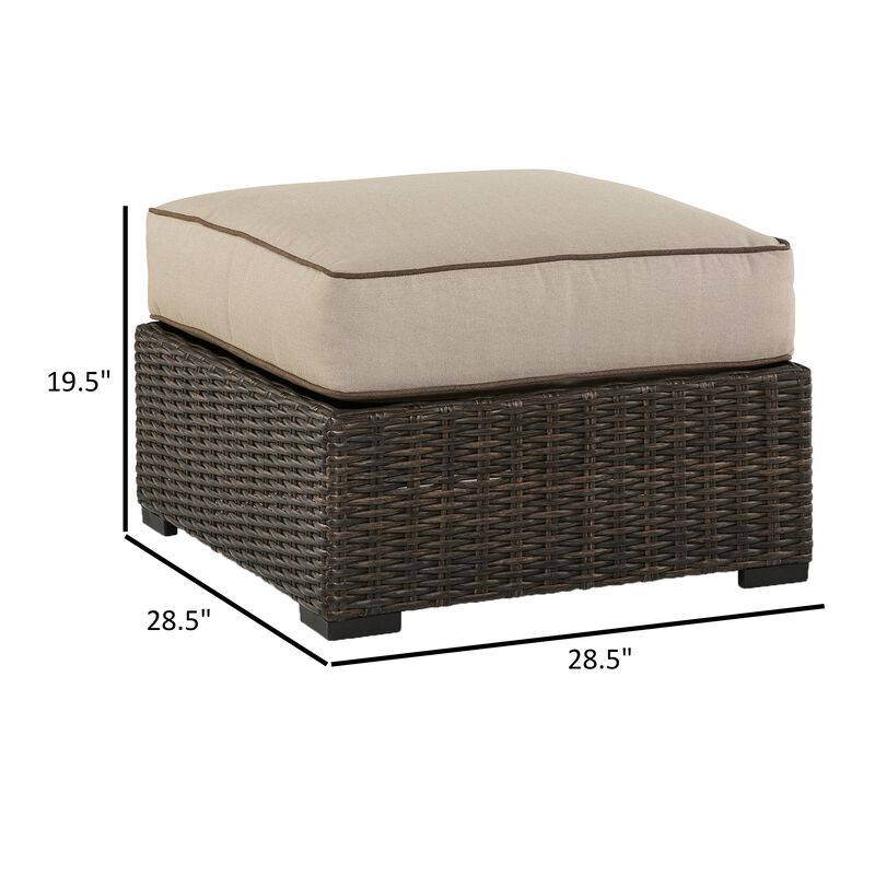 Waga 29 Inch Outdoor Ottoman, Cushioned Seat, Resin Wicker, Brown, Beige - Benzara