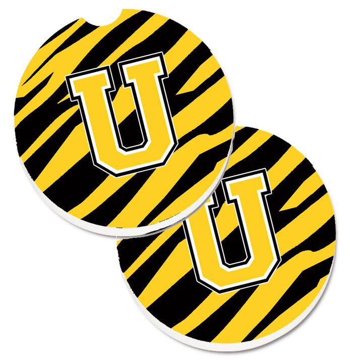 Caroline's Treasures Monogram Initial U Tiger Stripe - black Gold Set of 2 Cup Holder Car Coasters CJ1026-UCARC, 2.56, Multicolor