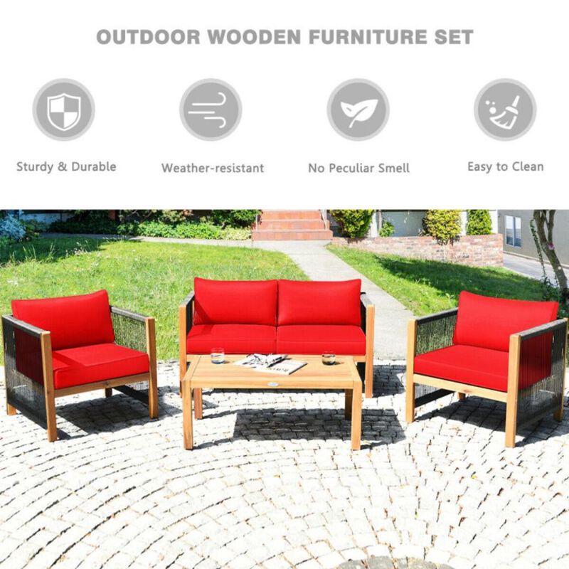 Hivvago 4 Pieces Acacia Wood Sofa Set with Cushions for Outdoor Patio