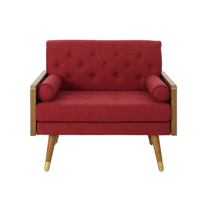Lita Wide Accent Club Chair, Button Tufted, Red Fabric, Brown Frame - Benzara