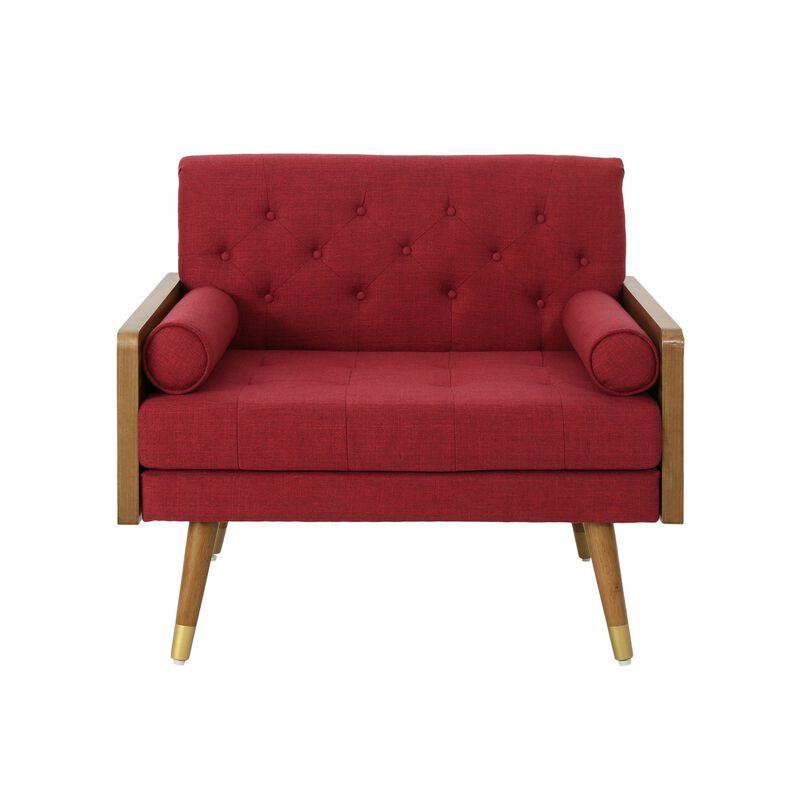 Lita Wide Accent Club Chair, Button Tufted, Red Fabric, Brown Frame - Benzara