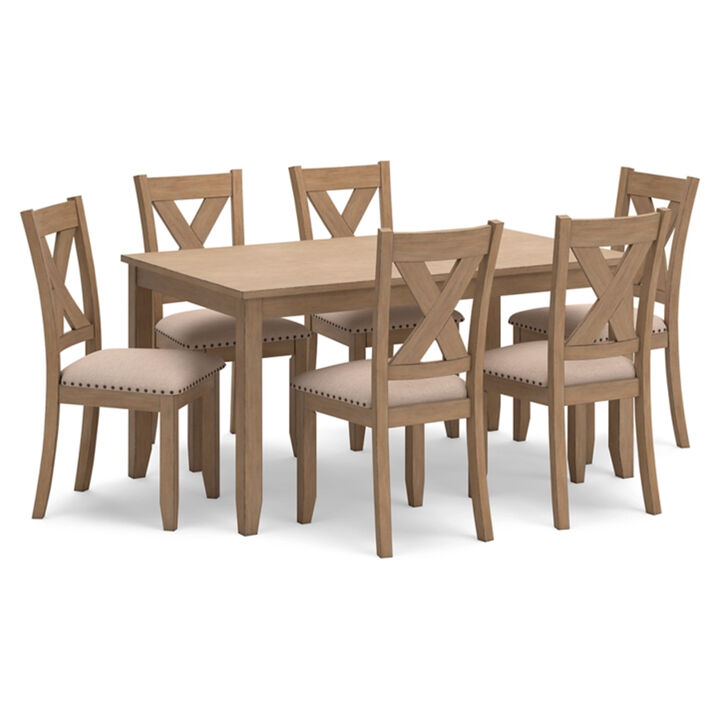 Sky Dining Set, Rectangular Table, 6 Polyester Upholstered Chairs, Brown - Benzara