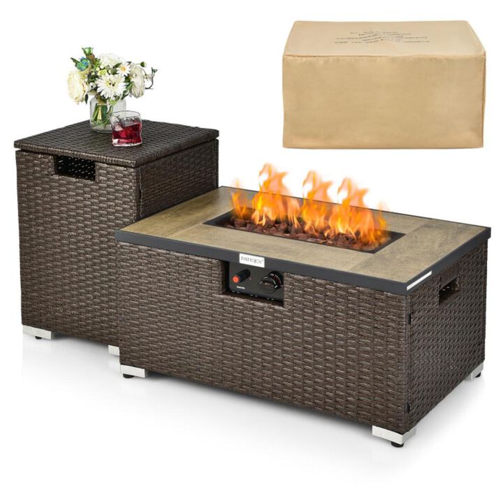 Hivvago 32 x 20 Inch Propane Rattan Fire Pit Table Set with Side Table Tank and Cover-Brown