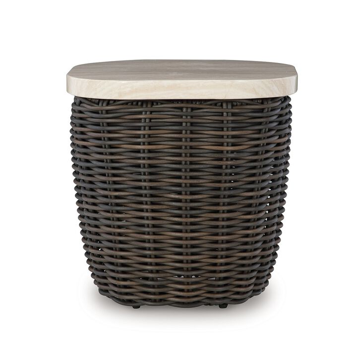 Kimo Outdoor Square End Table, Dark Brown Wicker Details, 23 Inch - Benzara