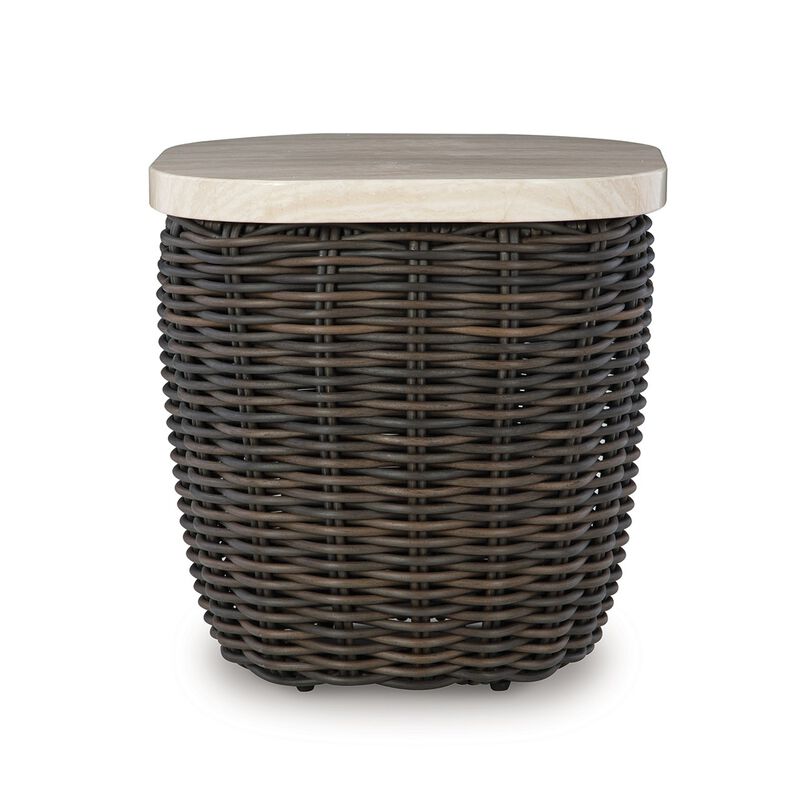Kimo Outdoor Square End Table, Dark Brown Wicker Details, 23 Inch - Benzara