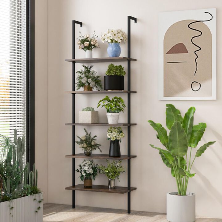 Hivvago 5 Tier Ladder Shelf Wall-Mounted Bookcase with Steel Frame-Brown