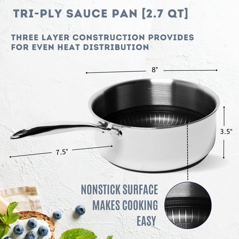 Tri-ply Stainless Steel Diamond Nonstick 2.7 QT Saucepan with Glass Lid