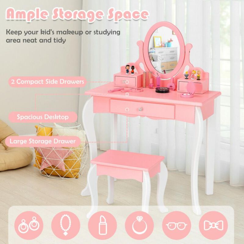 Hivvago Kids Vanity Princess Makeup Dressing Table Stool Set with Mirror and Drawer