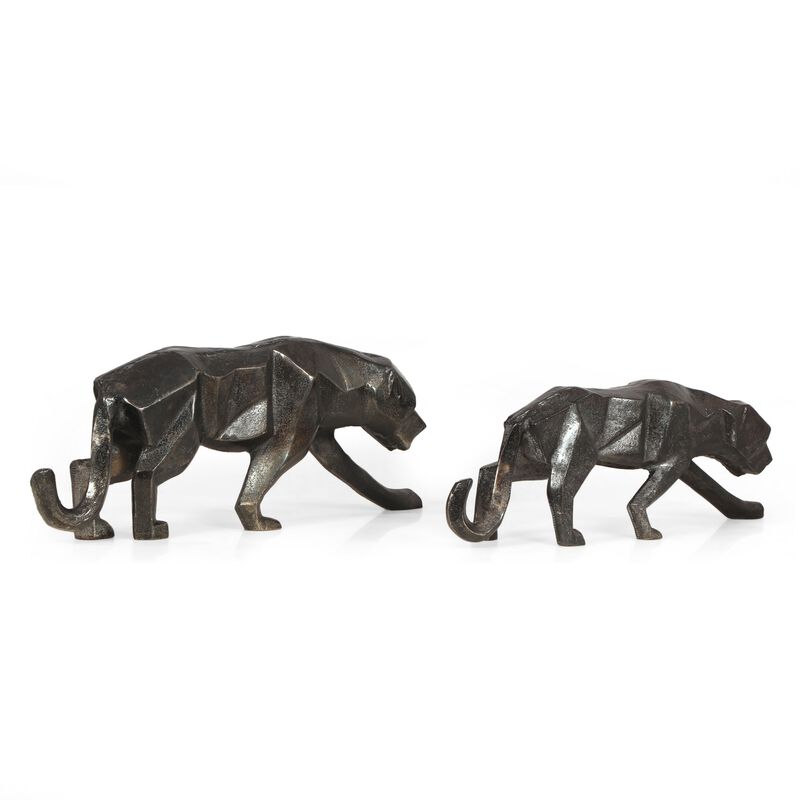 Tabletop Leopard Figurine Set of 2, Textured Finish, Black Aluminium - Benzara