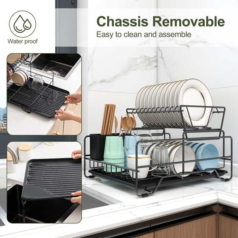 Dish Drying Rack, Metel 2-Tier Dish Rack Utensil Holder Kitchen Black