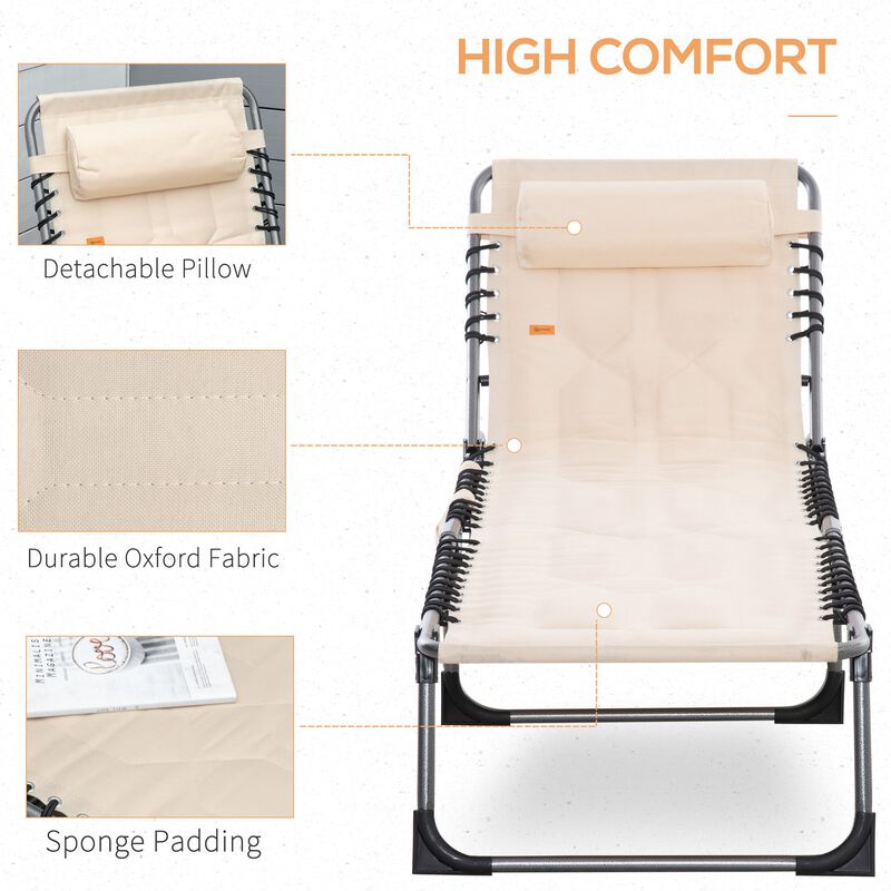 Beige Patio Recliner: Folding Padded Chair, 5-Position Backrest, Pillow, Pocket for Beach