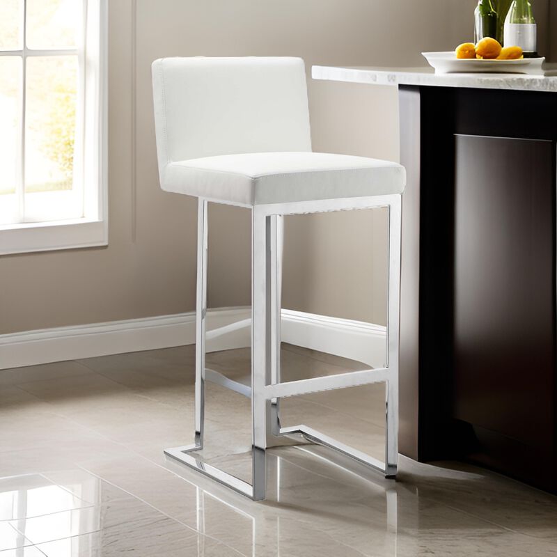Boly 30 Inch Barstool Chair, White Faux Leather, Cushions, Chrome Steel - Benzara