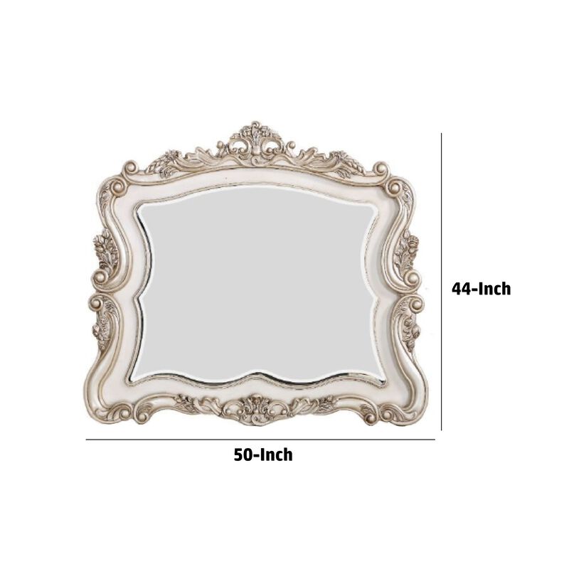 50 Inch Solid Wood Mirror, Scalloped, Scroll Ornate Trim, Antique White-Benzara