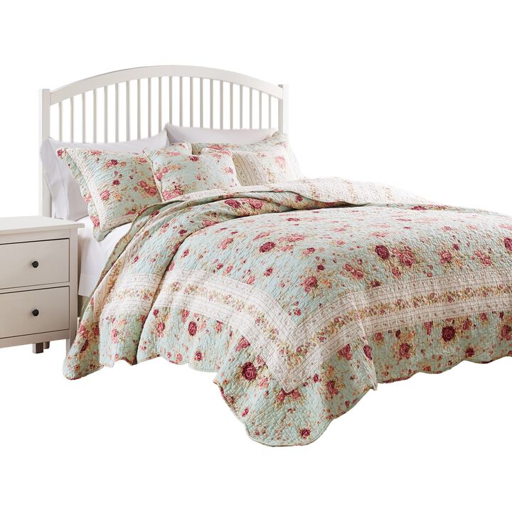 Rosle 5pc Full/Queen Quilt Set, Shams, Patchwork Floral Print, Blue Cotton