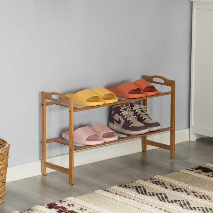 Bamboo Storage Shoe Rack, Free Standing Shoe Organizer Storage Rack, 2 Tier