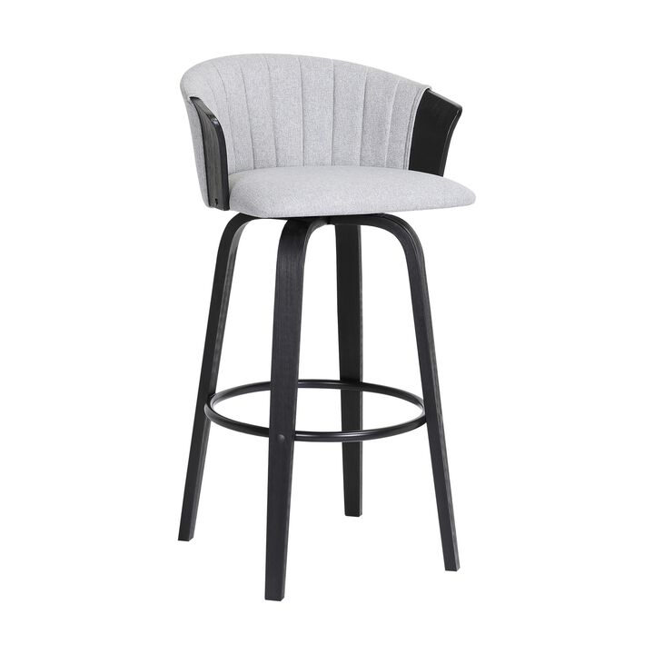 Oja 30 Inch Swivel Barstool Chair, Light Gray Fabric, Curved, Black Wood - Benzara