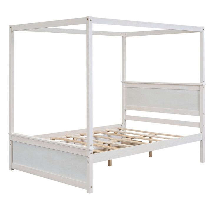 Full-size wood canopy bed with drawers, no box spring needed