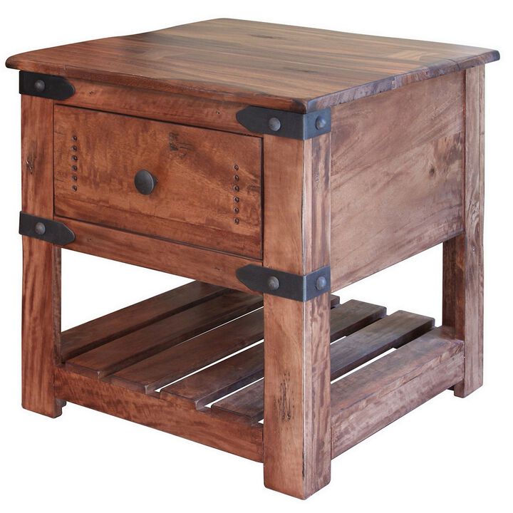 Umey 23 Inch Side End Table, Slatted Shelf, Brown Solid Mango Wood-Benzara