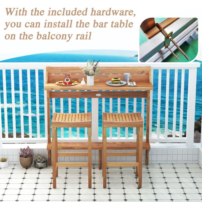 Hivvago 3 Pieces Patio Acacia Wood Bar Table Set with Footrest Curved Wood Seat