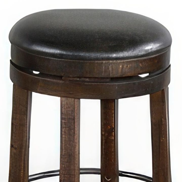 Flint Swivel Counter Stool Set of 2, Black Faux Leather, Dark Brown - Benzara