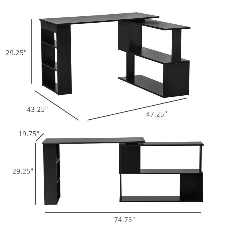 Black Home Office Solution: 360° Rotating L-Shaped Desk with Storage