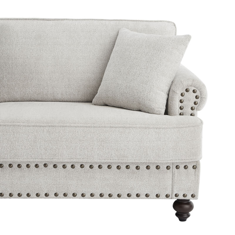 61" Chenille Modern Upholstered Sofas Love Seater With Nails And Armrests (White)
