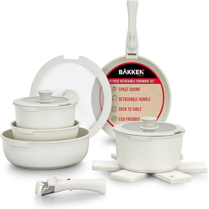 Bakken 15-Piece Non-Stick Cookware Set with Detachable Handles – Granite Stackable Pots and Pans Set, Dishwasher Safe, Oven-Safe, and Compatible Kitchen Essential for All Stoves – Cream