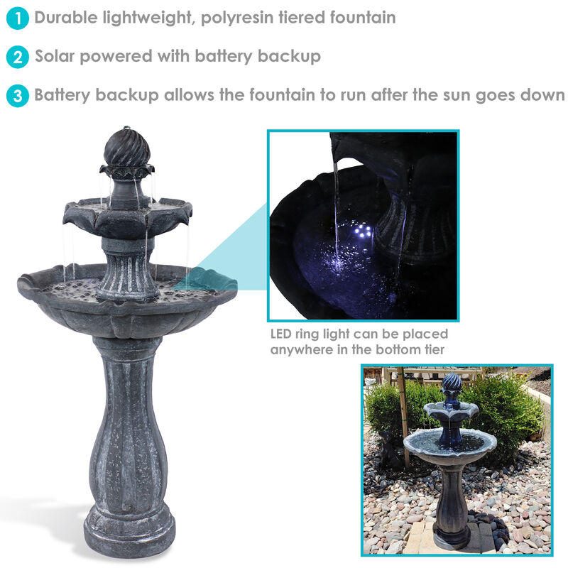 Sunnydaze Arcade Resin Outdoor 2-Tier Solar Fountain with Battery