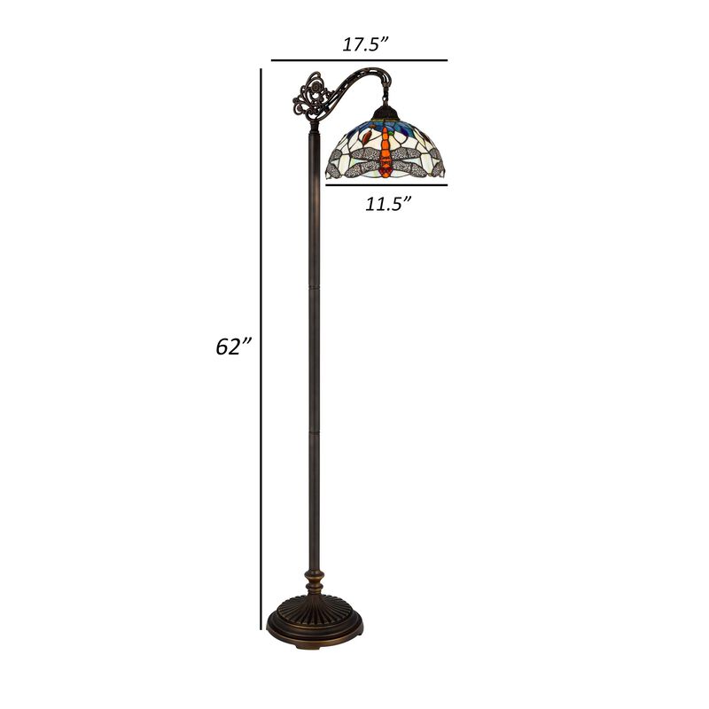 62 Inch Floor Lamp, Down Arc Shade Tiffany Style Stained Glass, Bronze - Benzara