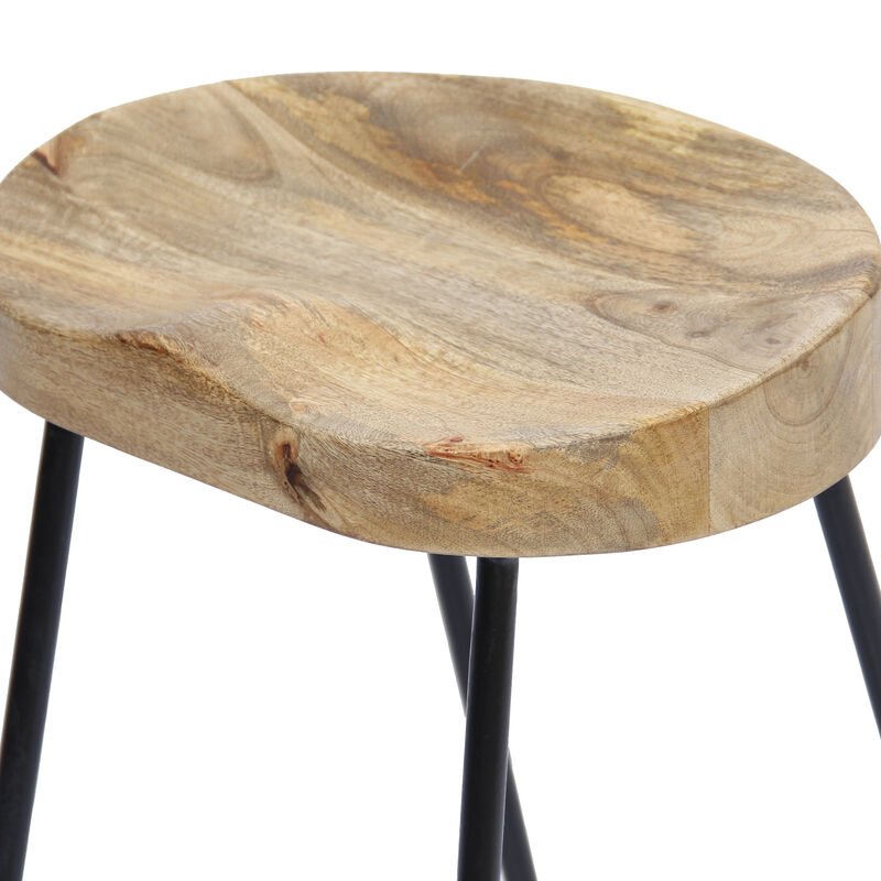 Ela 30 Inch Mango Wood Industrial Barstool, Saddle Seat, Iron Frame, Set of 2, Brown, Black-Benzara