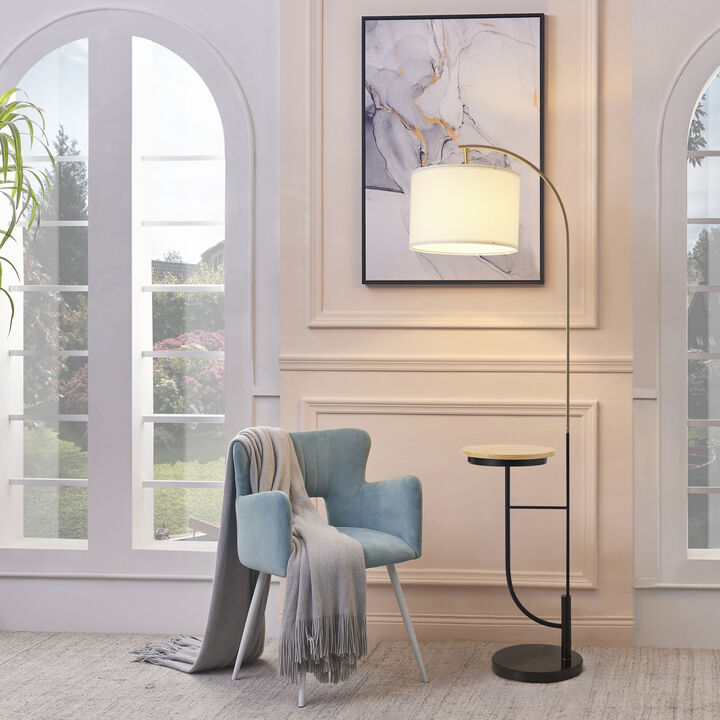 Teamson Home - Danna Arc Floor Lamp with USB Port, Wood Table, Marble Base and White Shade