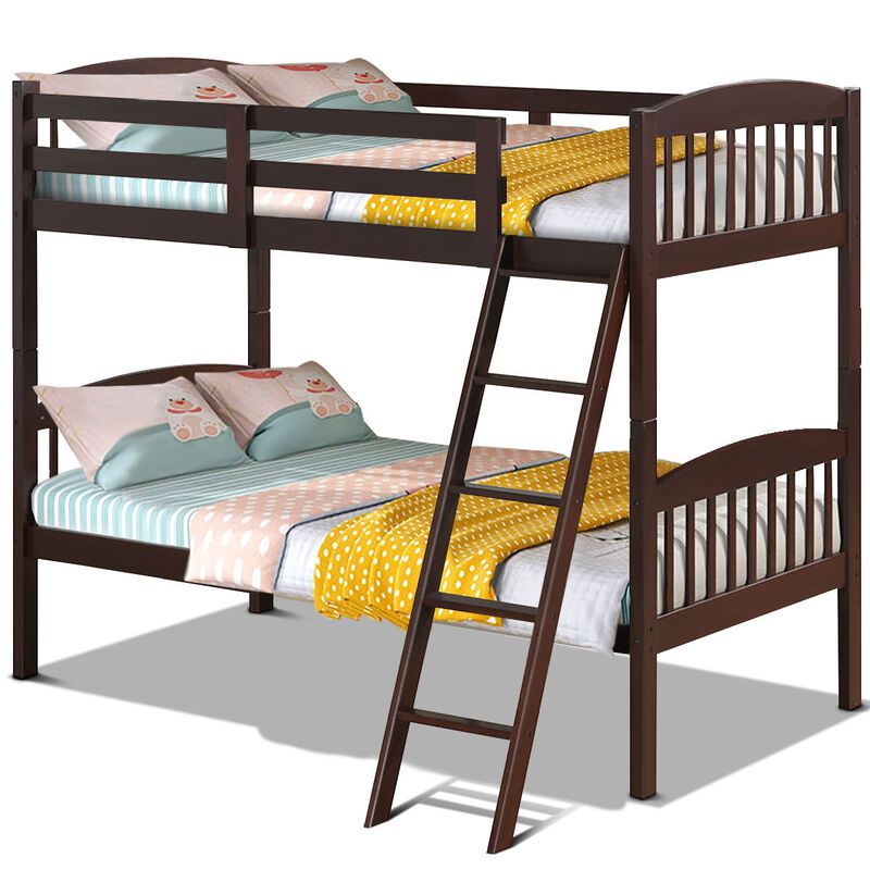 Hardwood Twin Bunk Bed Frames with Inclined Ladder and Safety Guardrails