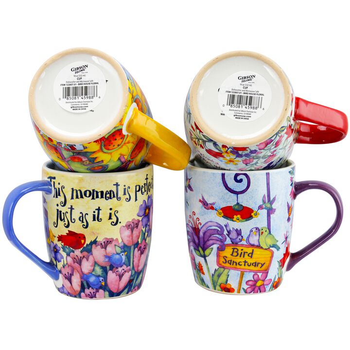 Gibson Birdhouse Floral 18 oz Cup Set, Set of 4 Assorted Designs