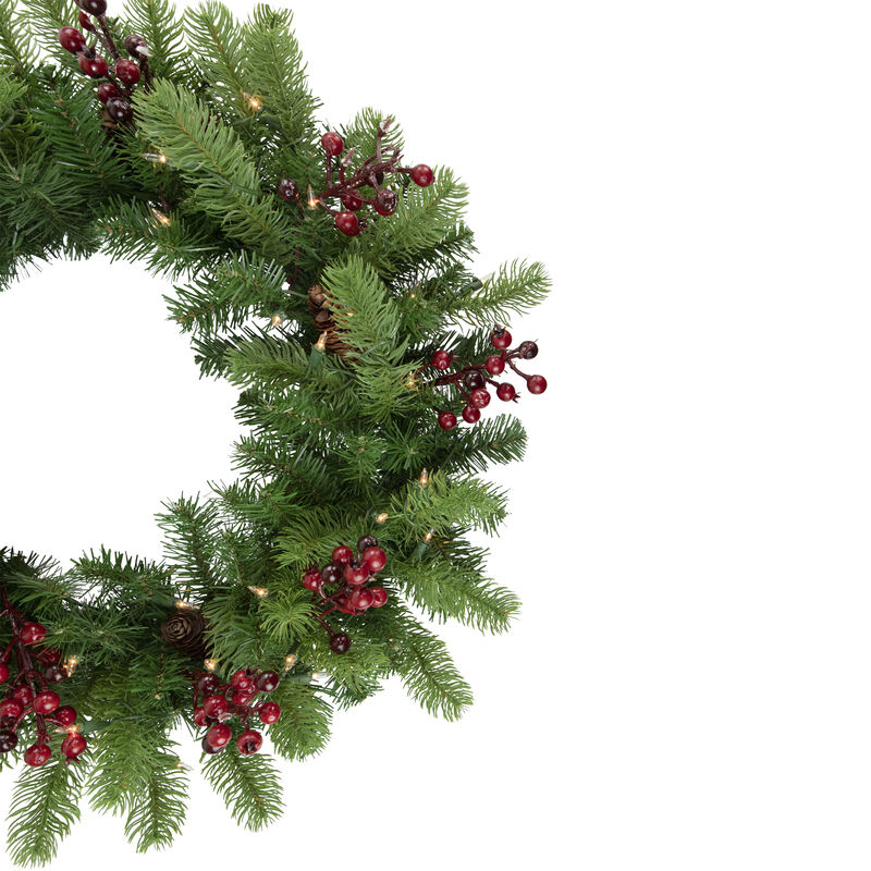Pre-lit Noble Fir with Red Berries and Pine Cones Artificial Christmas Wreath - 24" - Clear Lights