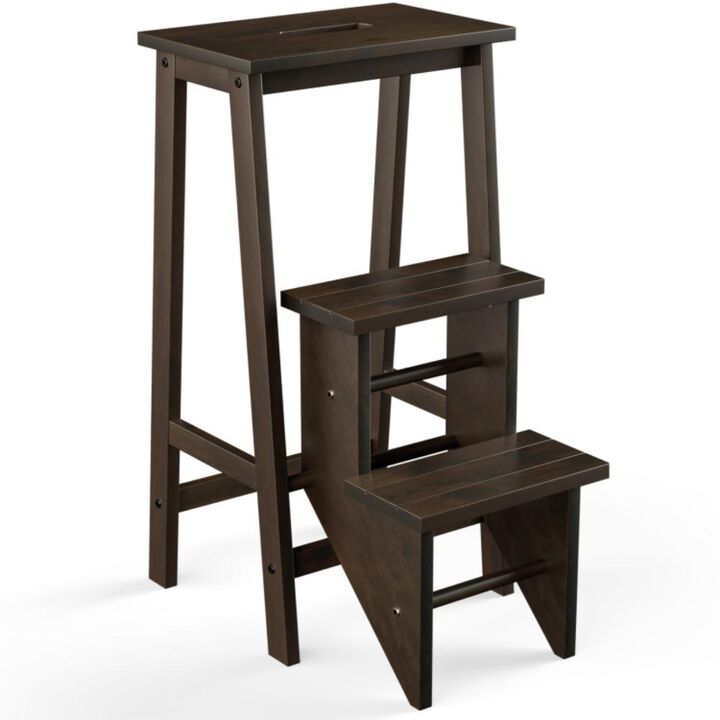 Hivvago 3-in-1 Rubber Wood 3 Tier Folding Step Stool Ladder Storage Shelf